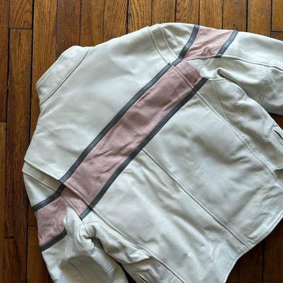 VTG 1990s Hot Leathers Motorcycle CAFE RACER Jacket XL White Pink RACING Stripe‎
